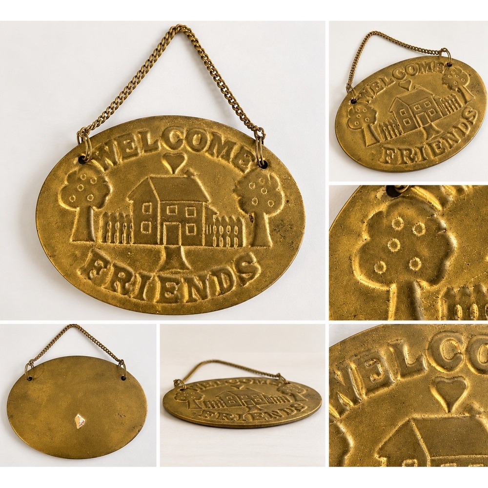 Vintage Brass Welcome Friends Wall Plaque Folk Art House Trees Hanging Sign